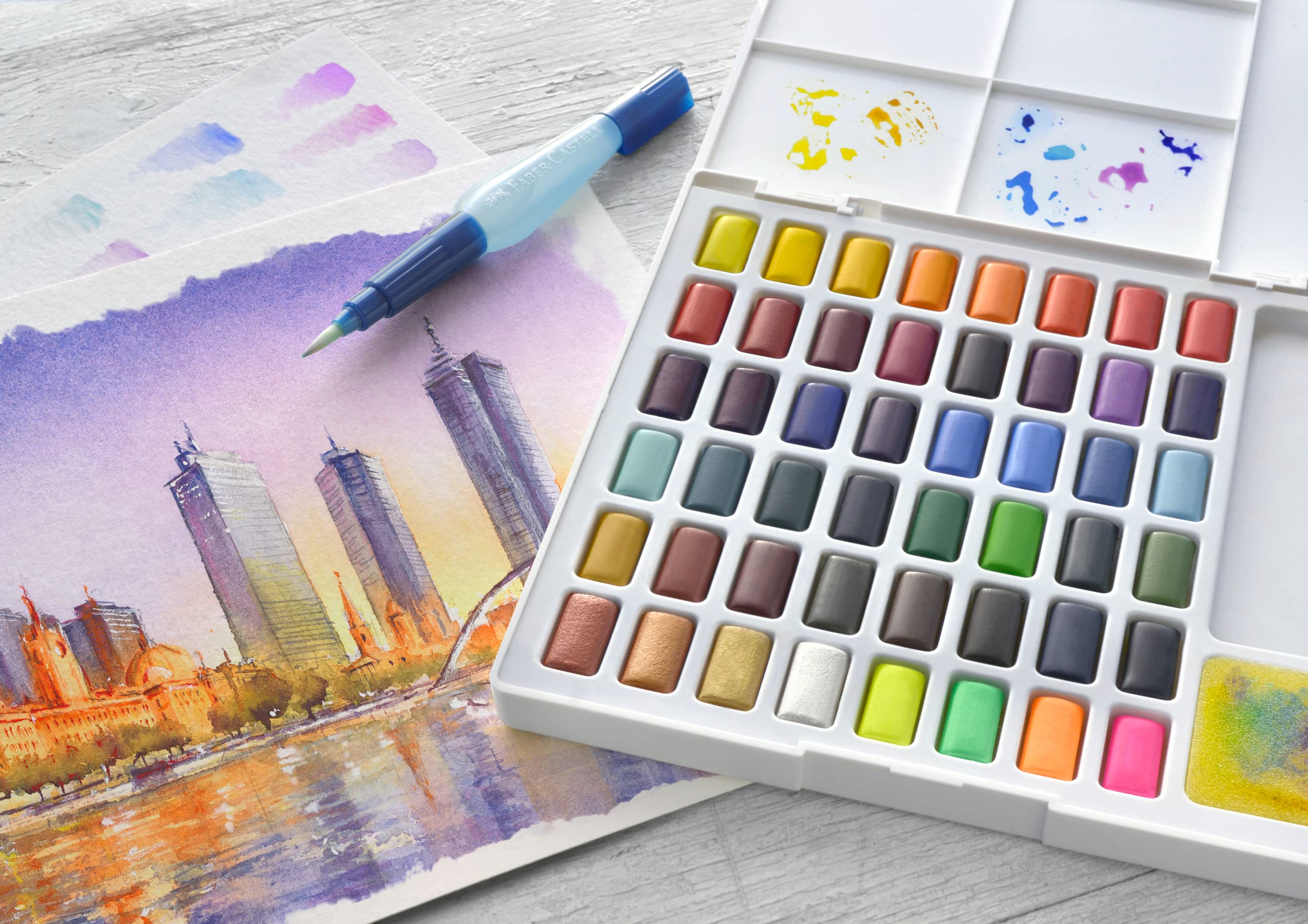 Faber-Castell Portable Watercolor Palette Paint Set - 48 Water Colors in Half Pans with Mixing Palette and Painting Accessories (Travel Watercolor Brush and Sponge) - Image 4
