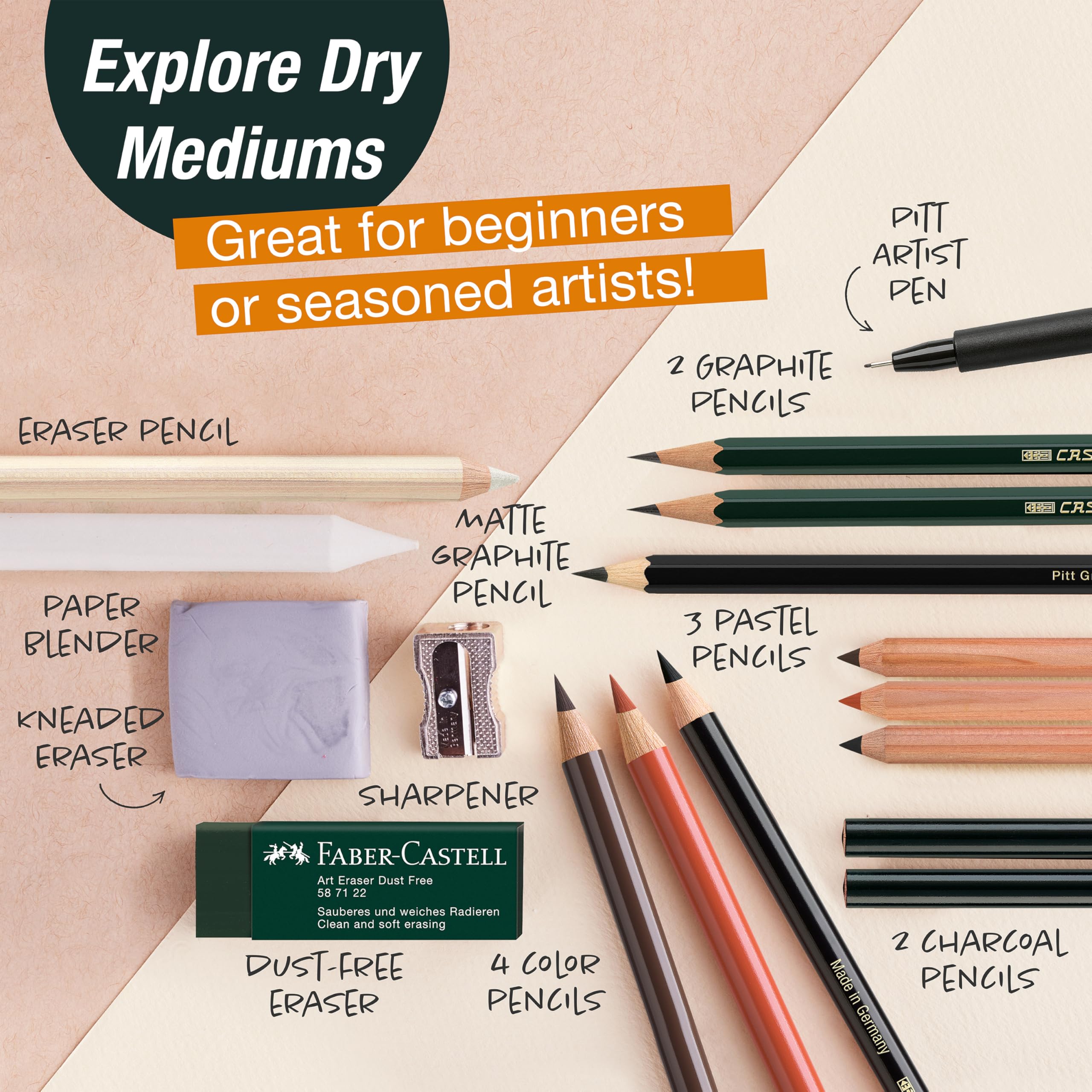 Faber-Castell Try It Box: Dry Mediums - 17 Piece Sketching Drawing Art Set with featuring Colored Pencils, Graphite Pencils, Charcoal Pencils, Pitt Artist Pen and Art Tools - Image 3